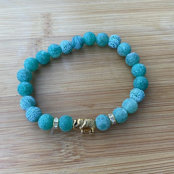 Hand Crafted Jewelry - Green Aventurine Stone Gold Elephant Charm Bracelet